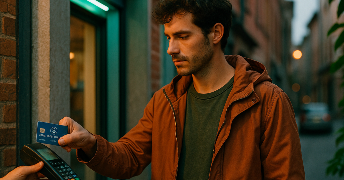Un homme paie avec sa carte bancaire dans une rue éclairée, l'air préoccupé.