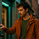 Un homme paie avec sa carte bancaire dans une rue éclairée, l'air préoccupé.