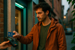 Un homme paie avec sa carte bancaire dans une rue éclairée, l'air préoccupé.
