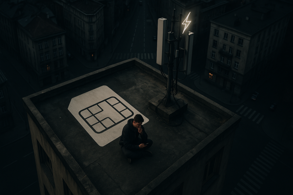 Un homme médite sur un toit avec une antenne et un logo de réseau mobile.