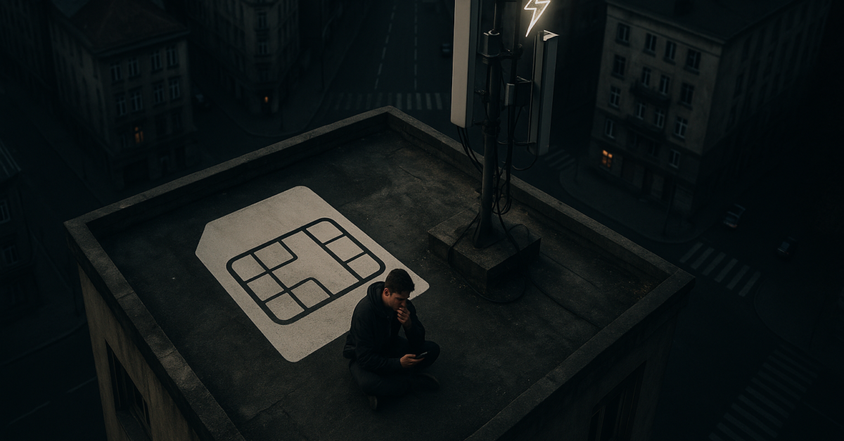 Un homme médite sur un toit avec une antenne et un logo de réseau mobile.