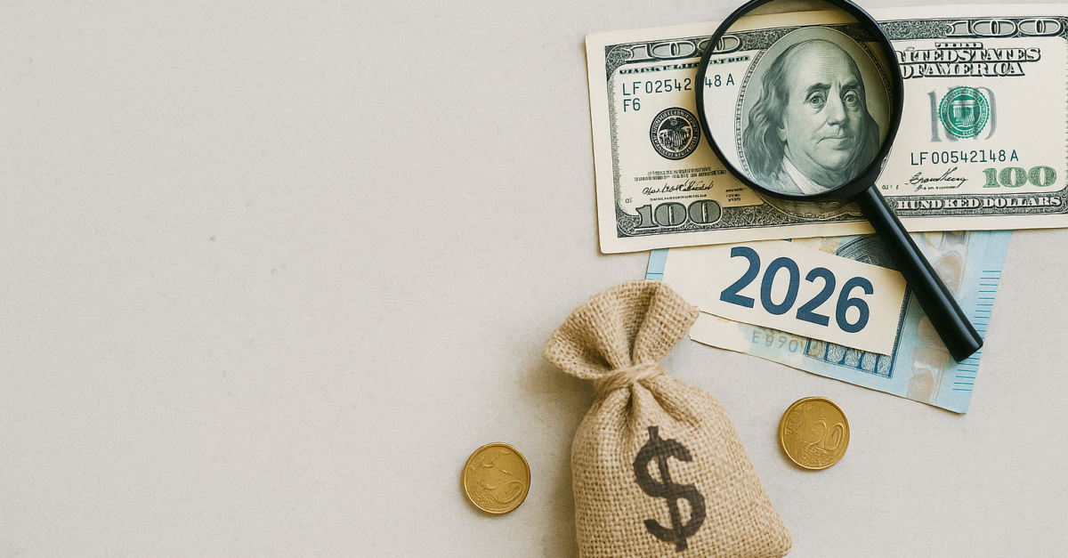 Magnet, billets et symbole dollar sur fond blanc, évoquant l'année 2026 et les finances.