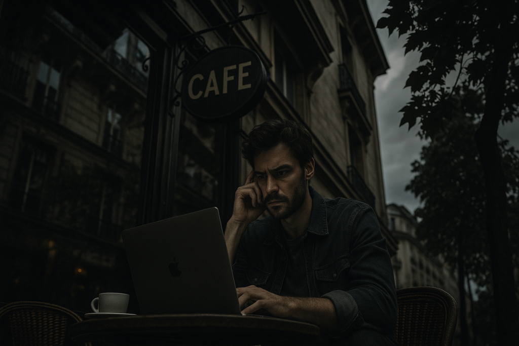 Un homme pensif travaille sur son ordinateur portable dans un café sombre.