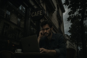 Un homme pensif travaille sur son ordinateur portable dans un café sombre.