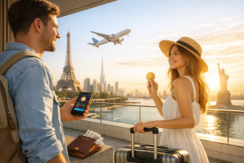 Un couple voyage à Paris et New York avec Bitcoin, prêt pour de nouvelles aventures.