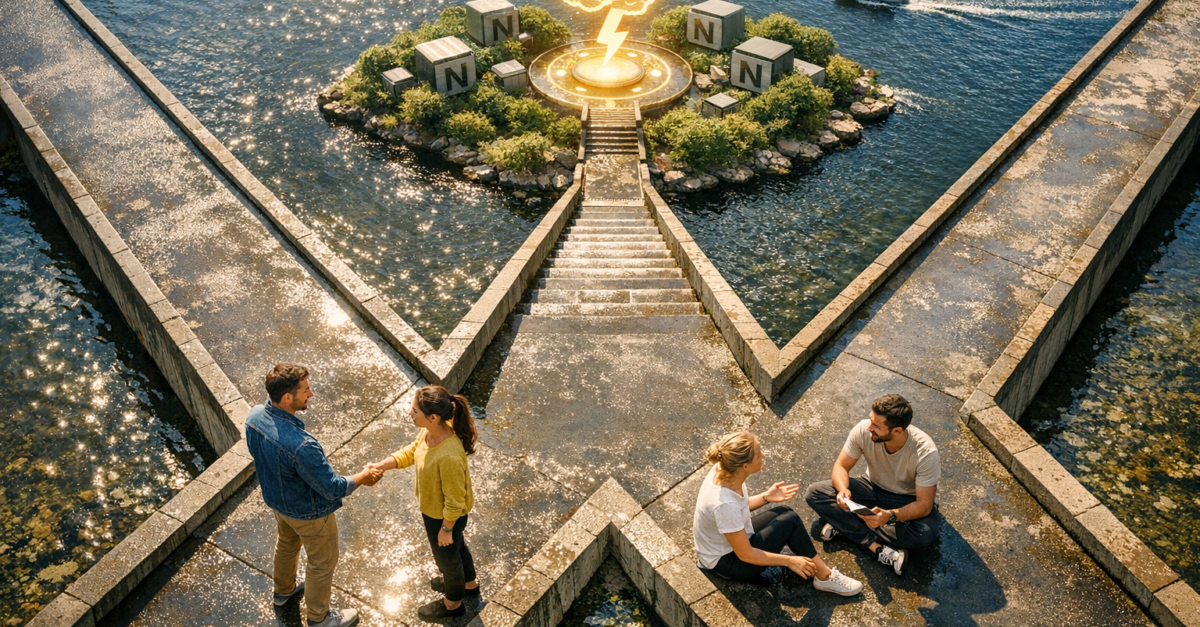 Groupe de personnes réfléchissant sur un pont menant à une île avec un cerveau lumineux.