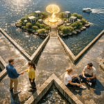 Groupe de personnes réfléchissant sur un pont menant à une île avec un cerveau lumineux.