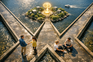 Groupe de personnes réfléchissant sur un pont menant à une île avec un cerveau lumineux.
