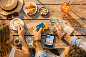 Deux personnes paient avec leur téléphone sur une table en bois, avec des croissants et des boissons.