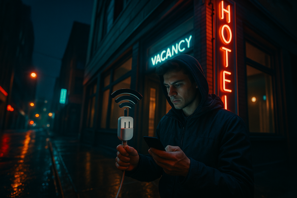 Un homme dans un quartier urbain sombre vérifie la connexion Wi-Fi pour un hôtel vacant.