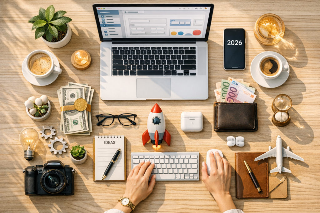 Bureau de travail moderne avec ordinateur portable, argent et accessoires pour l'entrepreneuriat.
